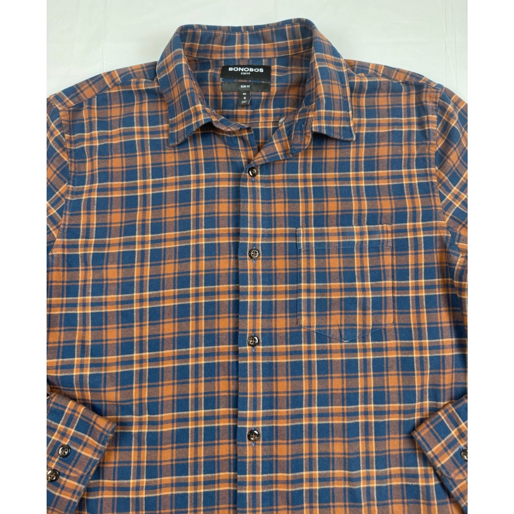 Bonobos Stretch Slim Fit Flannel Shirt Mens Medium Blue Orange Plaid Button Down